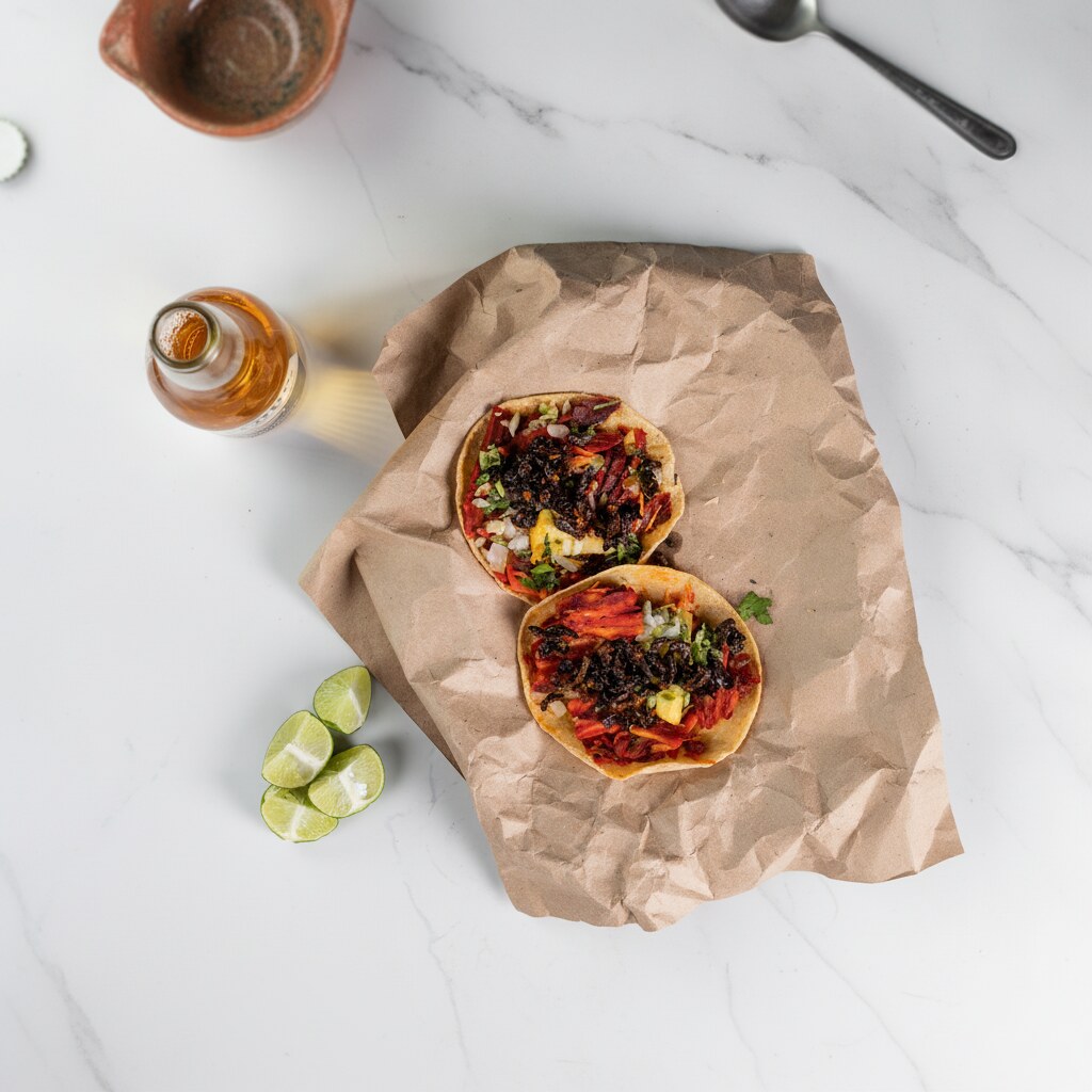 Two tacos al pastor on brown paper, topped with pineapple, onion, cilantro and Don Chilio Flamin' Habanero Chili Crisp, with lime wedges on the side