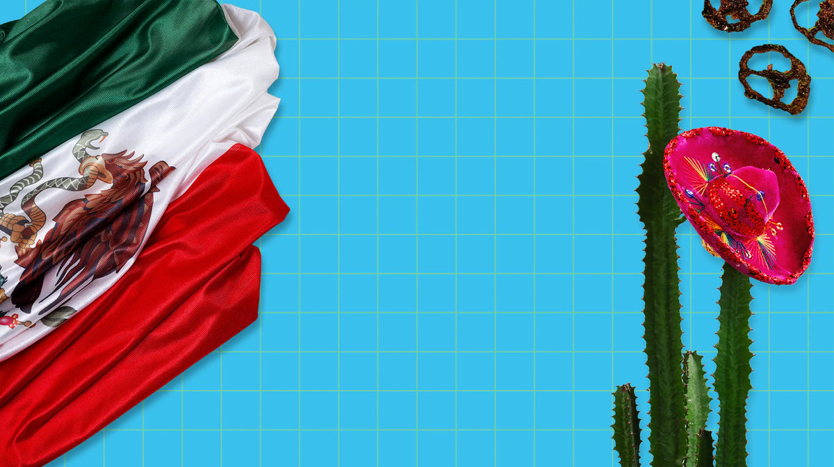 Mexican flag, cactus with a pink sombrero, and dried chile rings on a Don Chilio blue grid