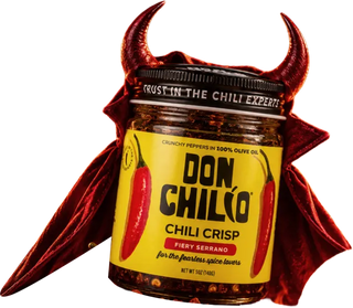 A jar of Don Chilio Fiery Serrano Chili Crisp with devil horns and a cape