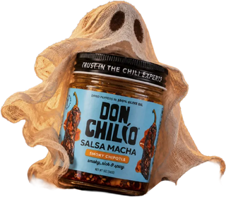 A jar of Don Chilio Smoky Chipotle Salsa Macha dressed as a ghost
