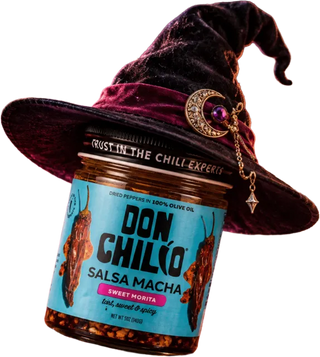 A jar of Don Chilio Sweet Morita Salsa Macha wearing a witch hat